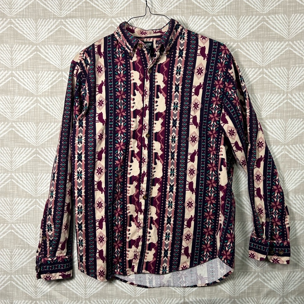 Land's End Vintage Womens Purple Flannel Button Down Bear Reindeer Pattern Sz M